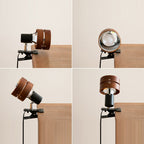 Round wood-effect clip table lamp with metal clamp