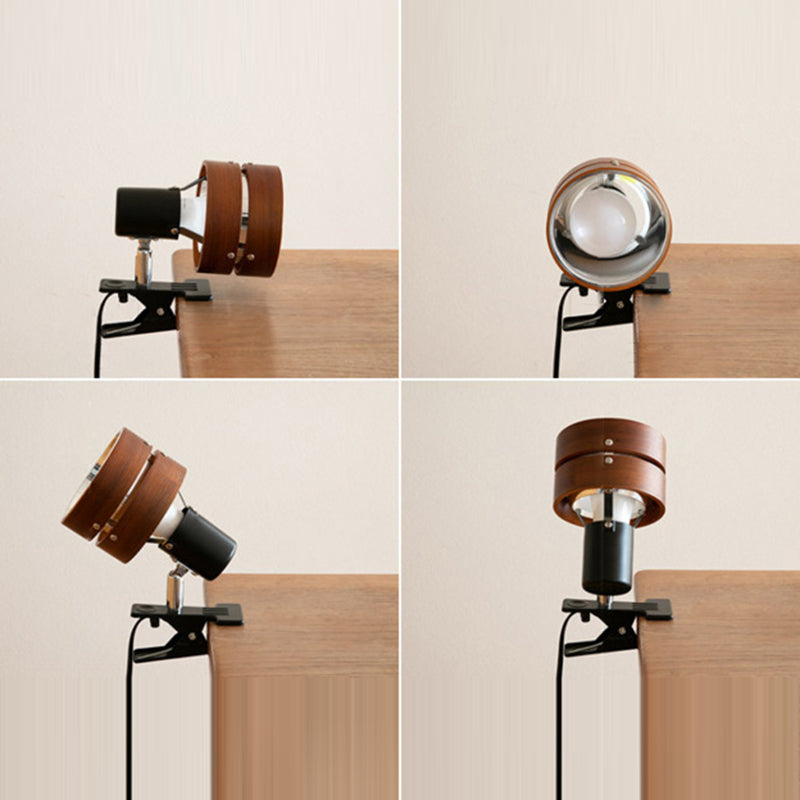 Round wood-effect clip table lamp with metal clamp