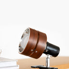Round wood-effect clip table lamp with metal clamp
