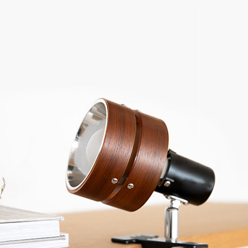 Round wood-effect clip table lamp with metal clamp