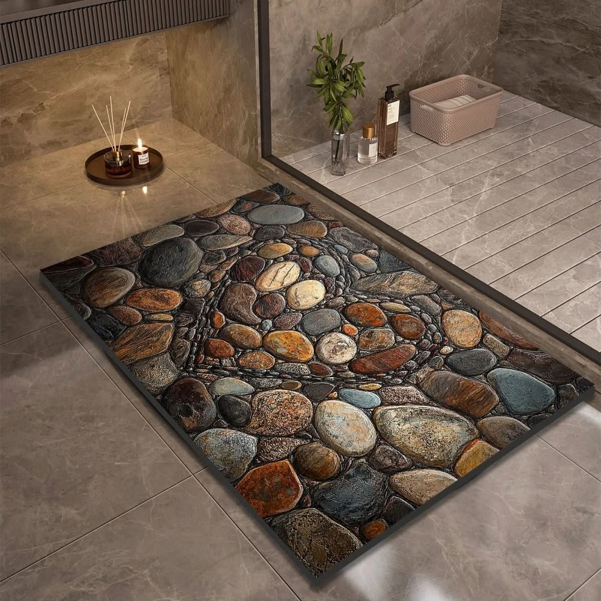 Rectangular multicoloured pebble print bath mat with dark edging