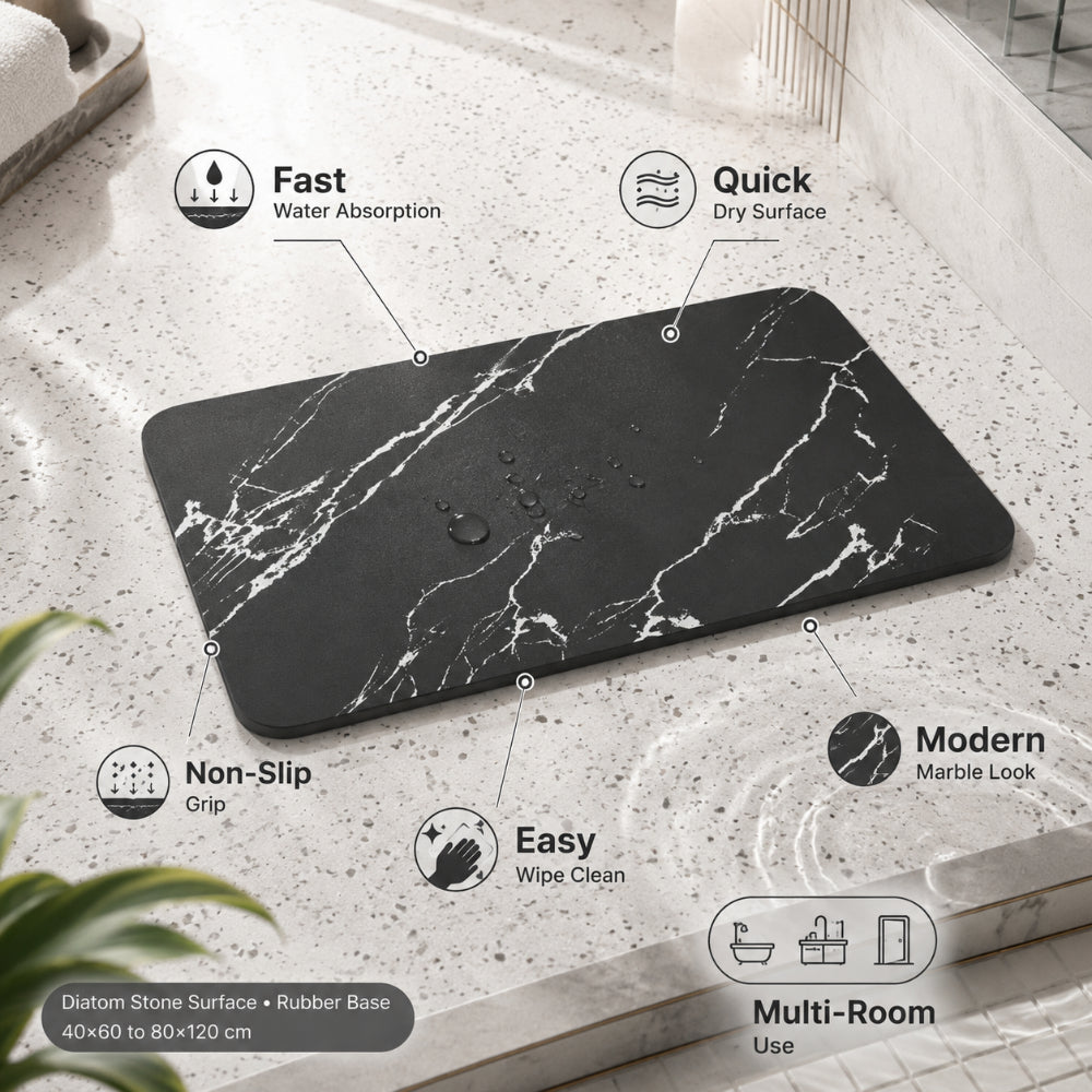 Black rectangular bathroom mat with white marble-effect veining and rounded corners