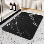 Black rectangular bathroom mat with white marble-effect veining and rounded corners
