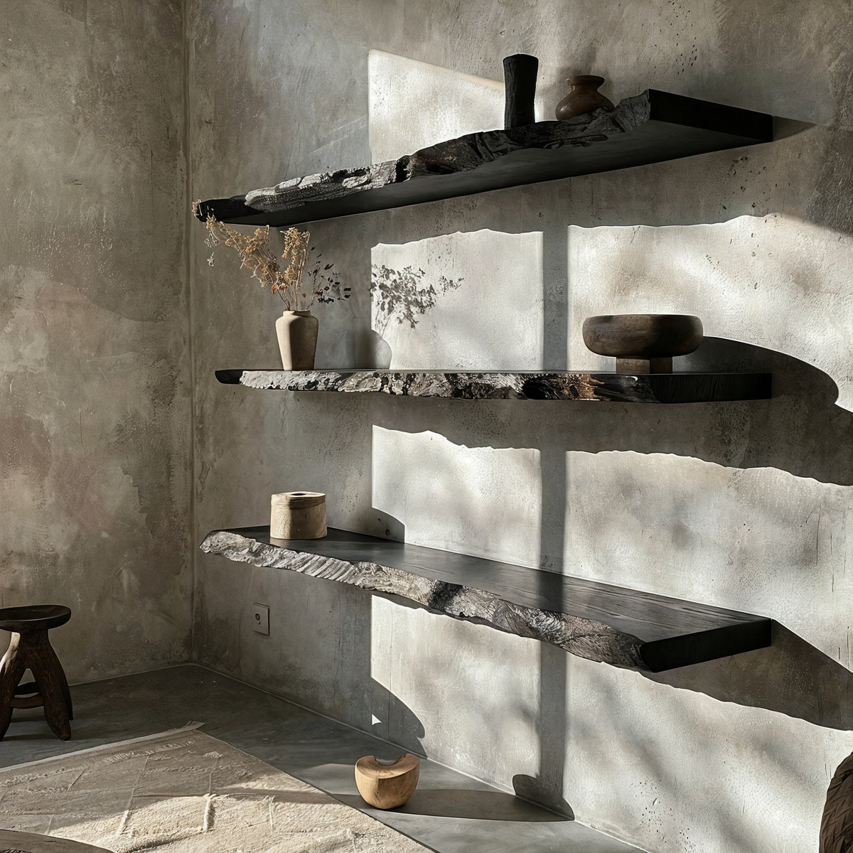 Three black live edge floating wall shelves with sculptural irregular edges