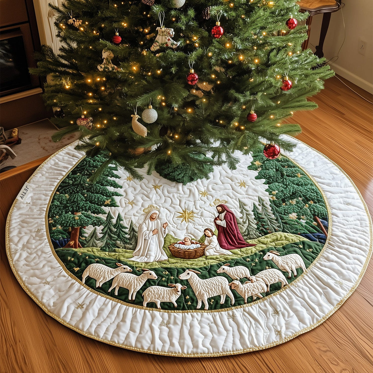 Quilted Christmas tree skirt with nativity scene, sheep and white border