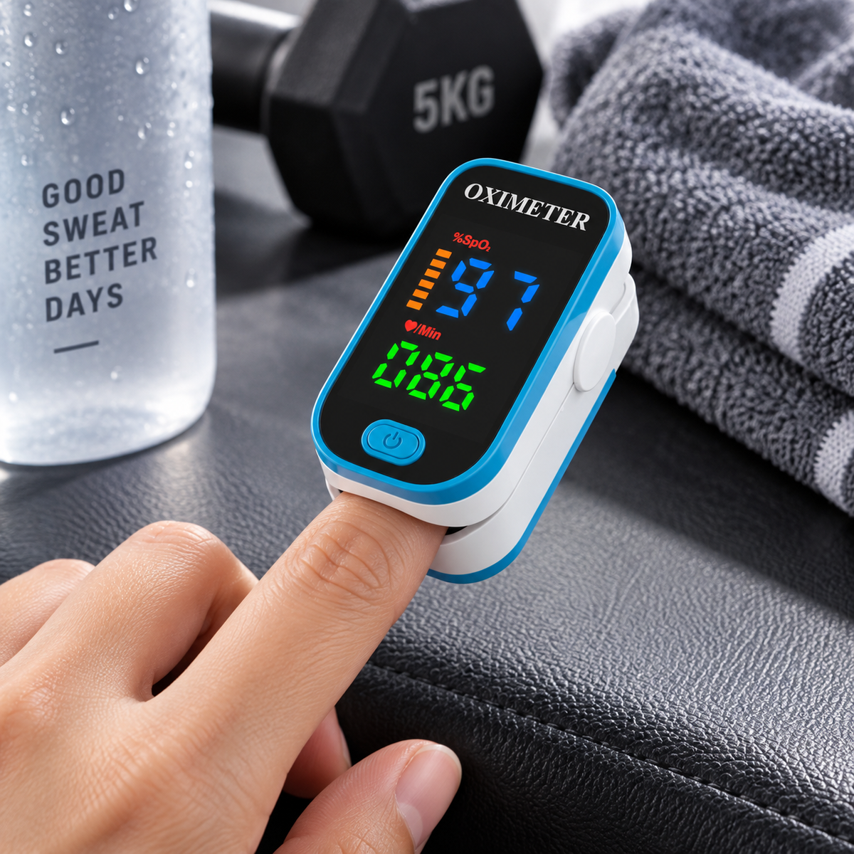 Finger pulse oximeter with LED SpO2 and pulse display
