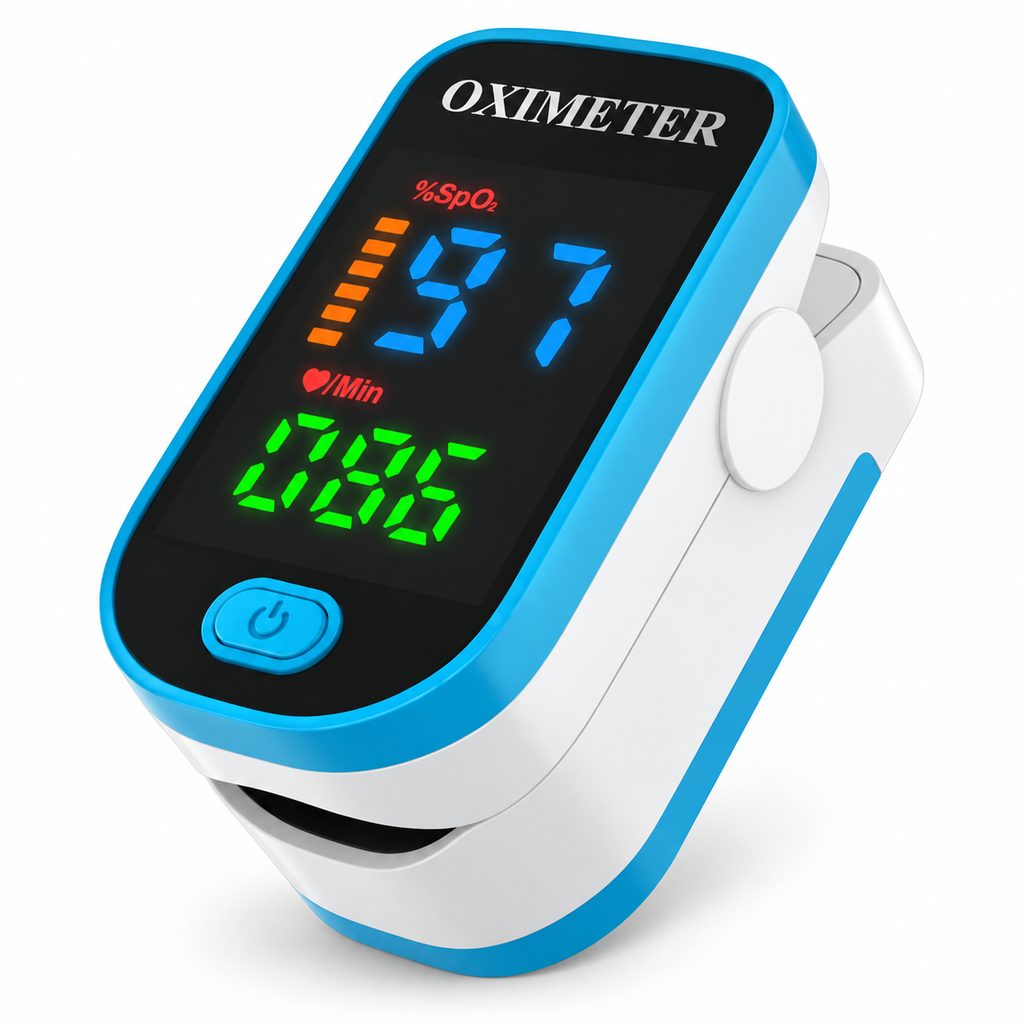 Finger pulse oximeter with LED SpO2 and pulse display