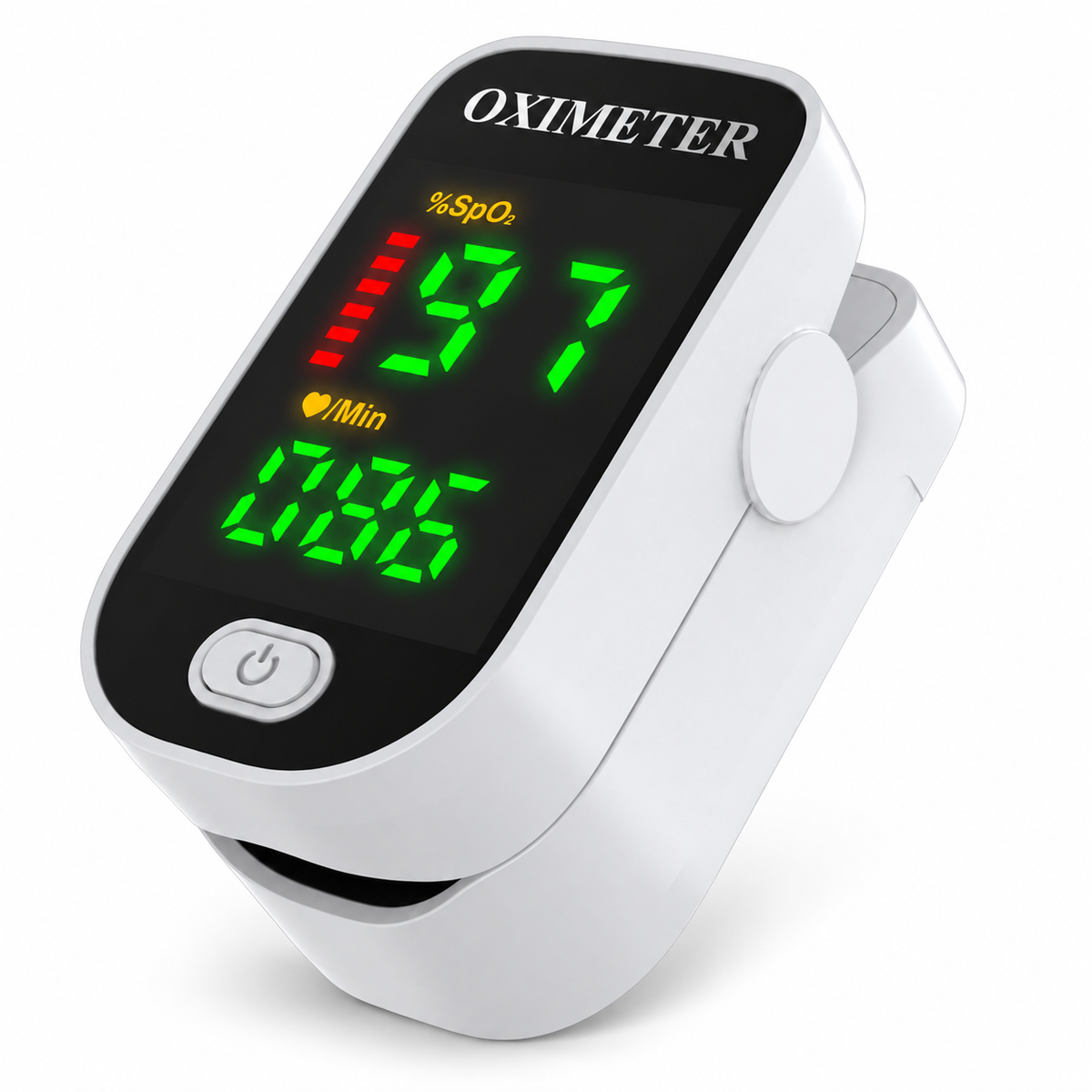 Finger pulse oximeter with LED SpO2 and pulse display