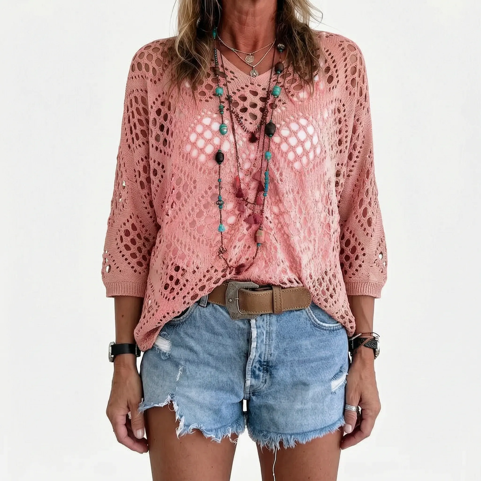 Breezlyn  - Open-Knit Geometric Summer Top Beach Cover-Ups