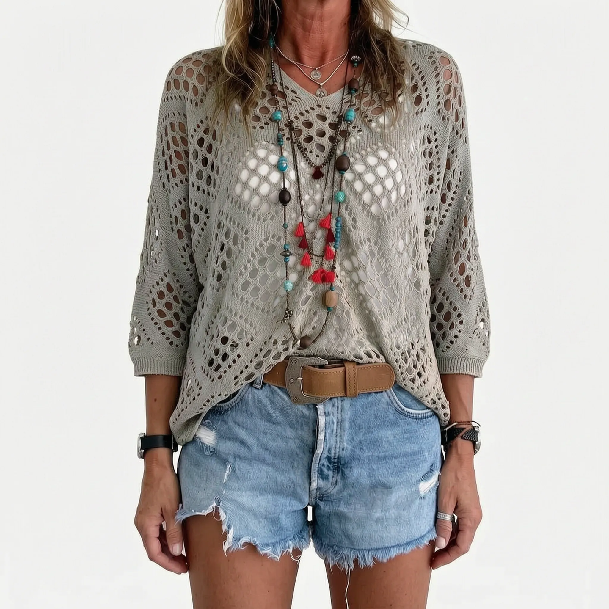 Breezlyn  - Open-Knit Geometric Summer Top Beach Cover-Ups