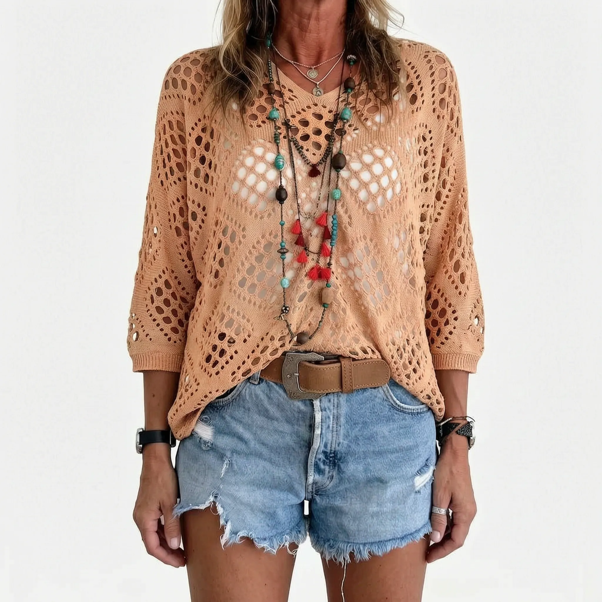 Breezlyn  - Open-Knit Geometric Summer Top Beach Cover-Ups