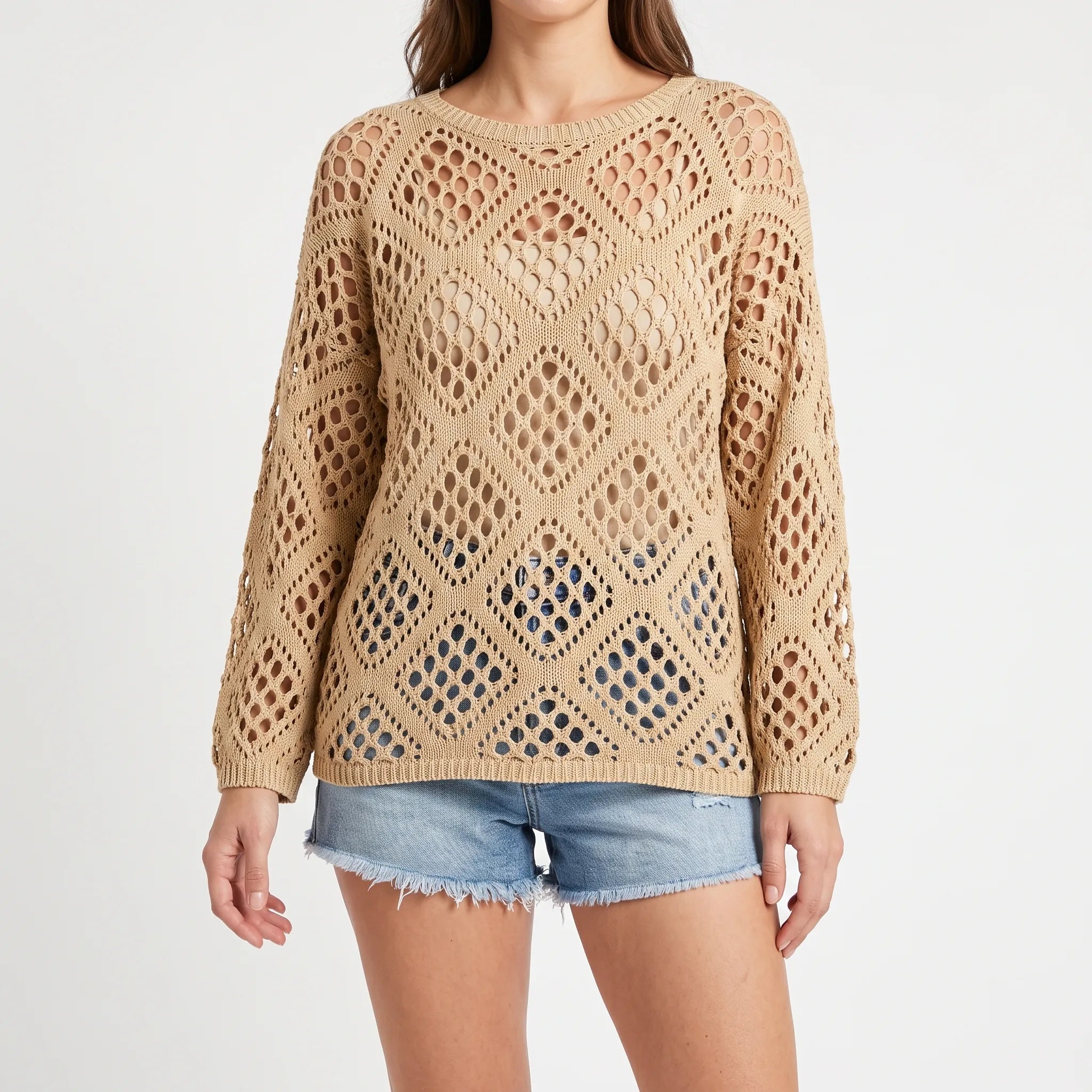 Breezlyn  - Open-Knit Geometric Summer Top Beach Cover-Ups