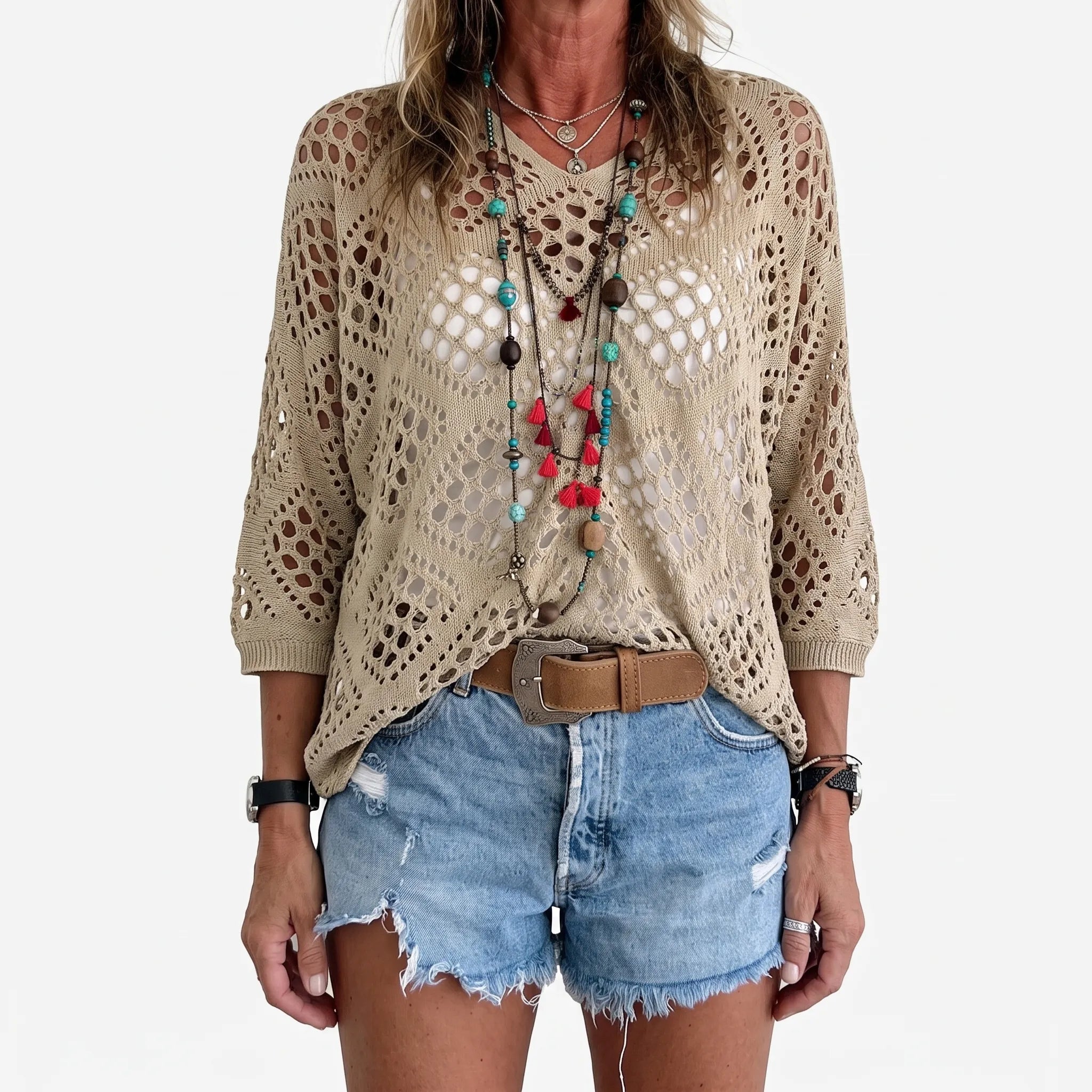 Breezlyn  - Open-Knit Geometric Summer Top Beach Cover-Ups