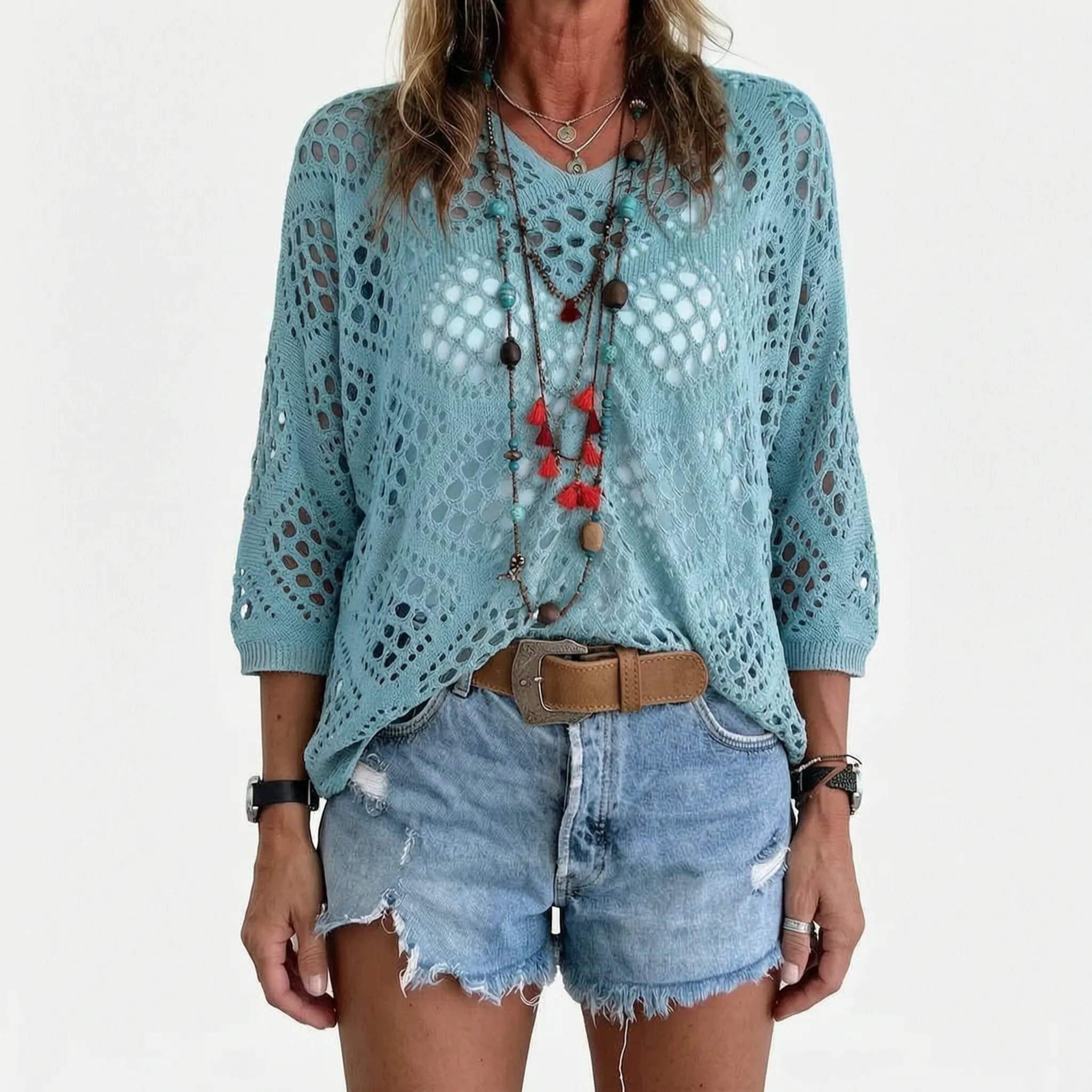 Breezlyn  - Open-Knit Geometric Summer Top Beach Cover-Ups