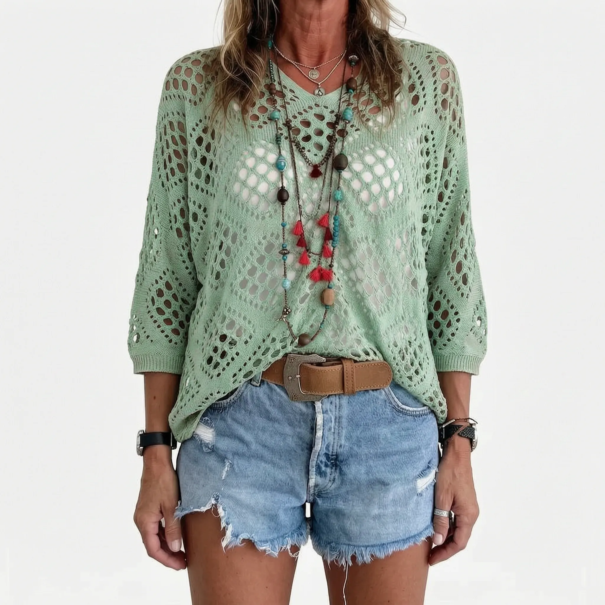 Breezlyn  - Open-Knit Geometric Summer Top Beach Cover-Ups