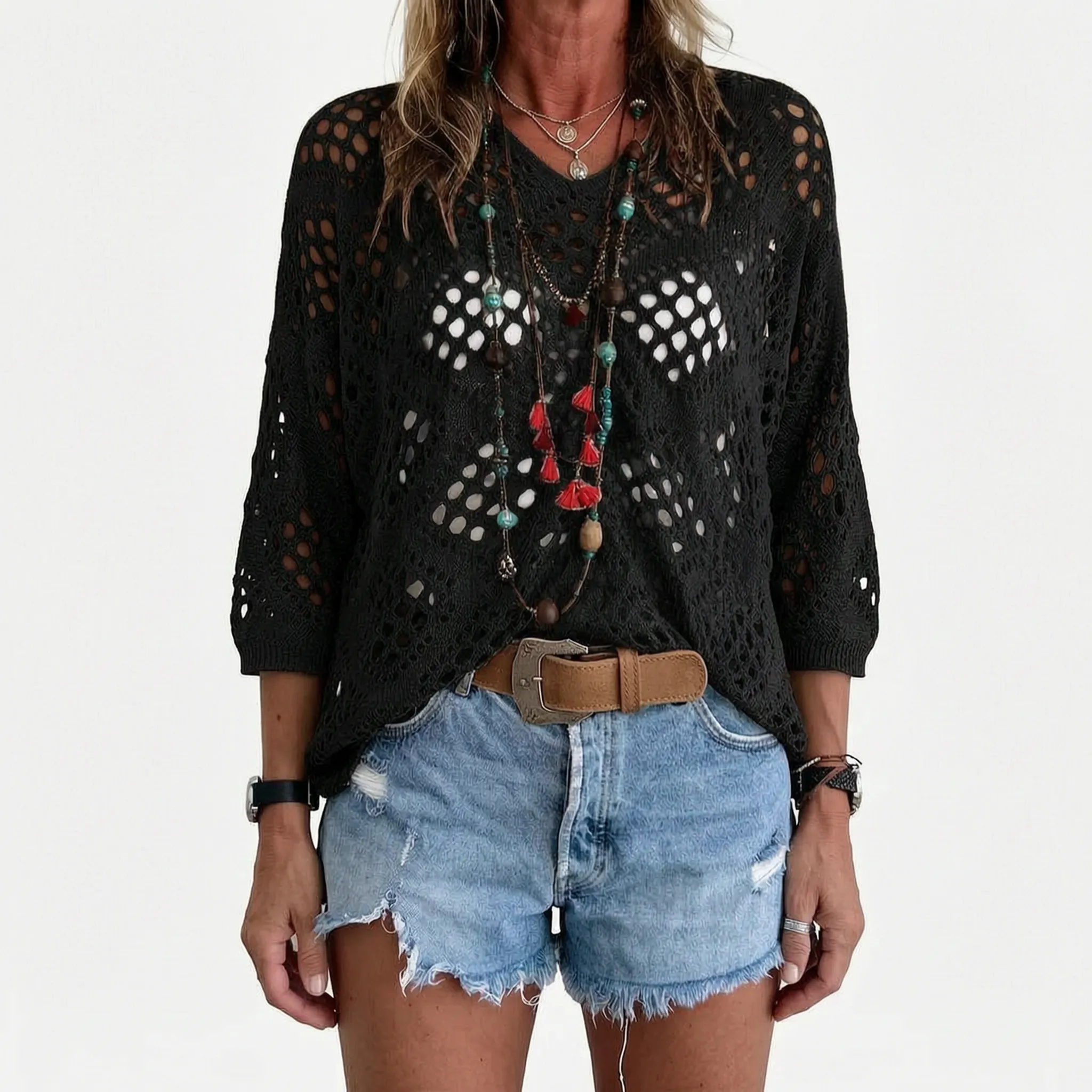 Breezlyn  - Open-Knit Geometric Summer Top Beach Cover-Ups