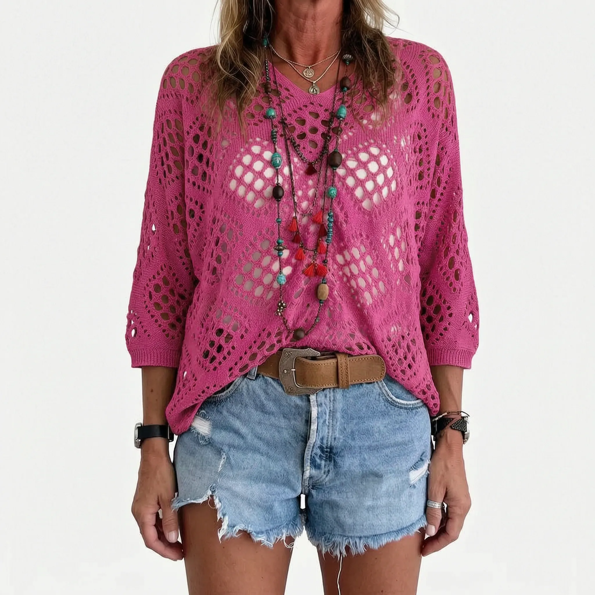 Breezlyn  - Open-Knit Geometric Summer Top Beach Cover-Ups