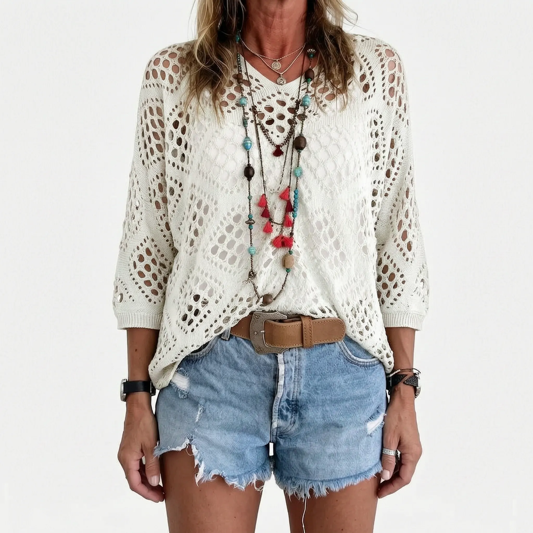 Breezlyn  - Open-Knit Geometric Summer Top Beach Cover-Ups