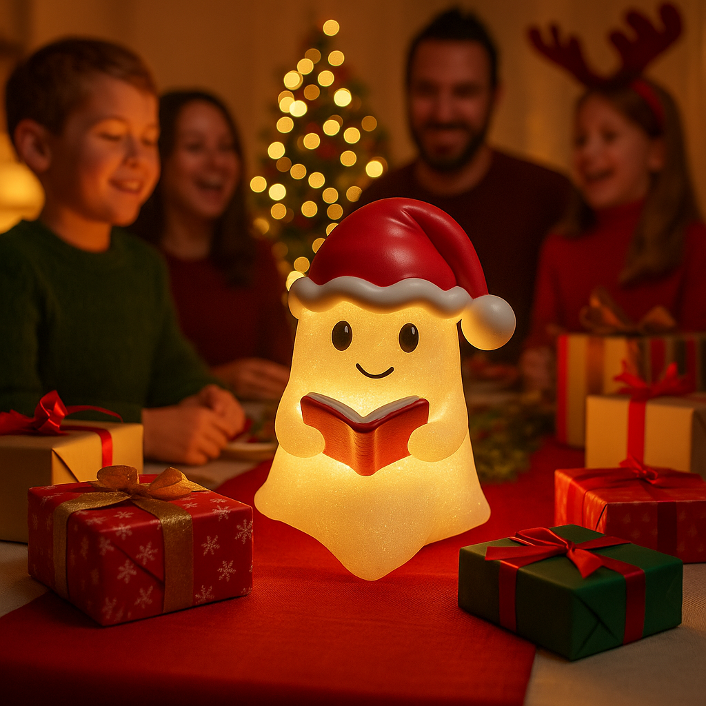 Illuminated beige Christmas ghost decoration wearing a red Santa hat and holding an open book
