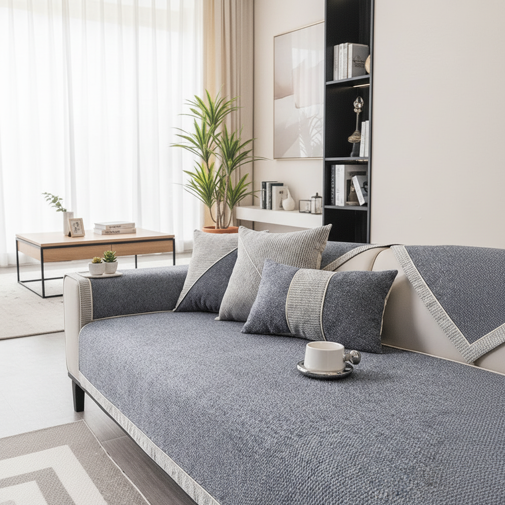 Sofa Cover Couch Slipcover Cotton-Linen Flat Lay - Light Grey