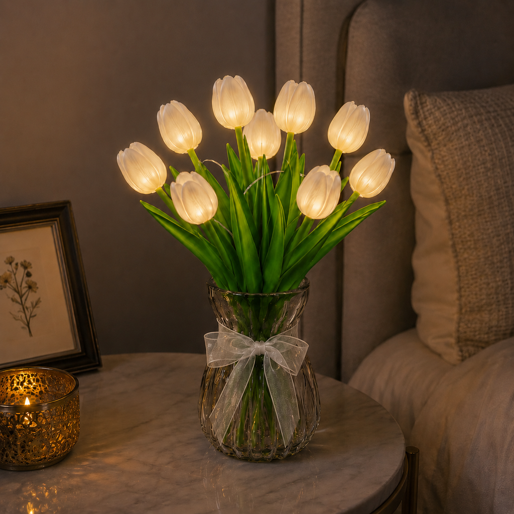 Illuminated tulip flower bouquet with green leaves in a clear vase