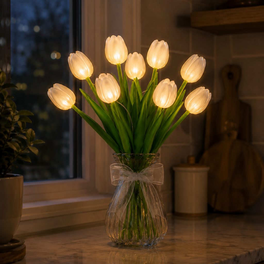 Illuminated tulip flower bouquet with green leaves in a clear vase