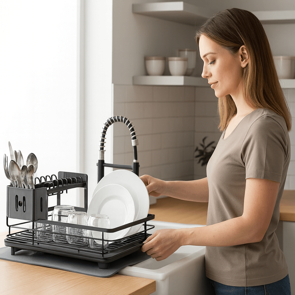 Two-tier folding stainless steel dish drying rack with plate holder