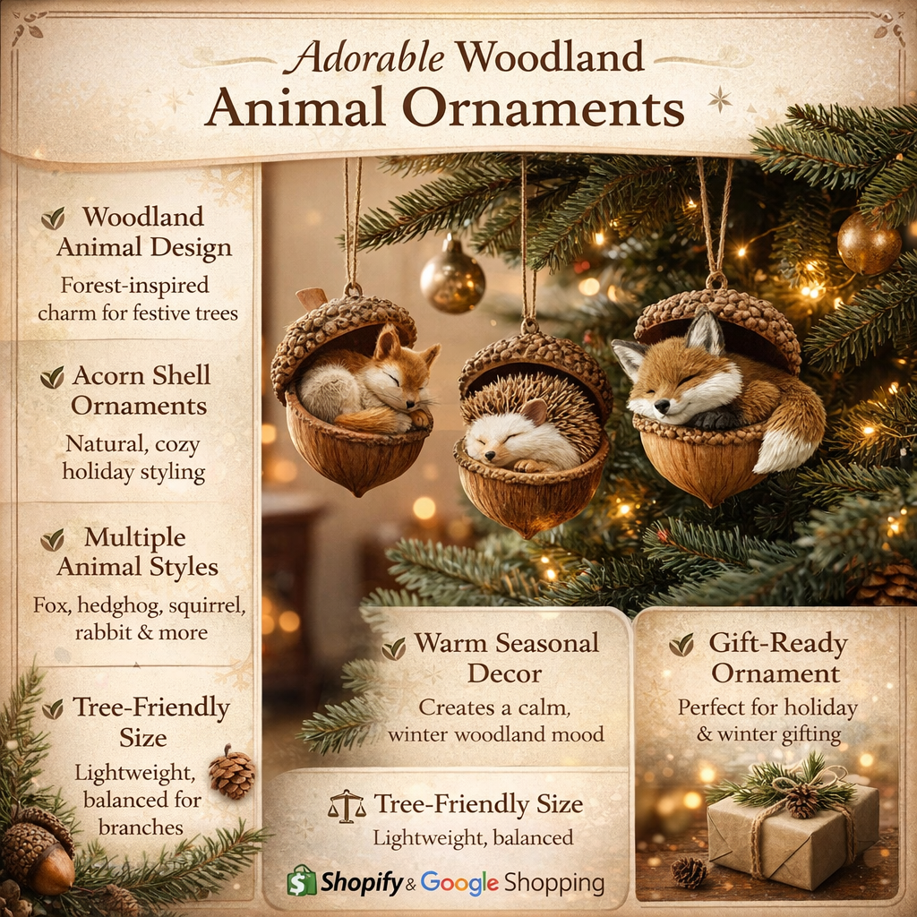 Acorn-shaped Christmas ornaments with sleeping woodland animals