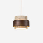 Pendant light with textured travertine shade and brown outer band