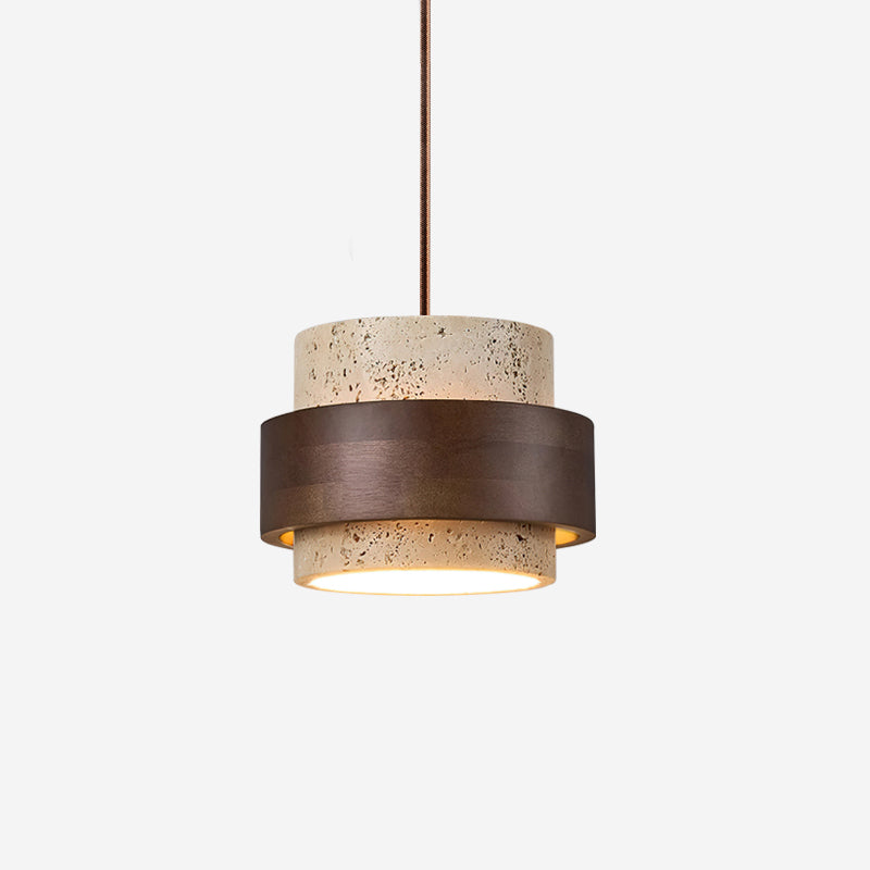Pendant light with textured travertine shade and brown outer band
