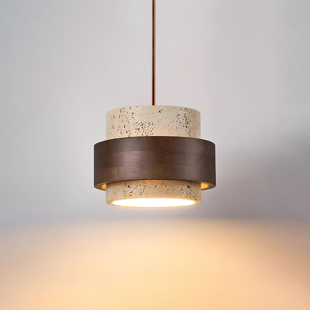 Pendant light with textured travertine shade and brown outer band