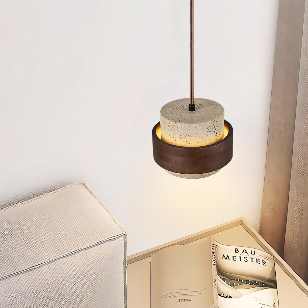 Pendant light with textured travertine shade and brown outer band