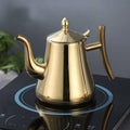 Lidded induction stovetop kettle with curved spout and raised handle