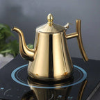 Lidded induction stovetop kettle with curved spout and raised handle