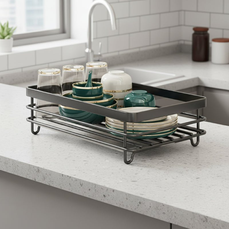 Two-tier folding stainless steel dish drying rack with plate holder