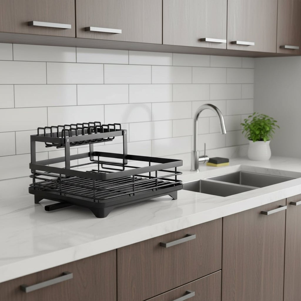Two-tier folding stainless steel dish drying rack with plate holder