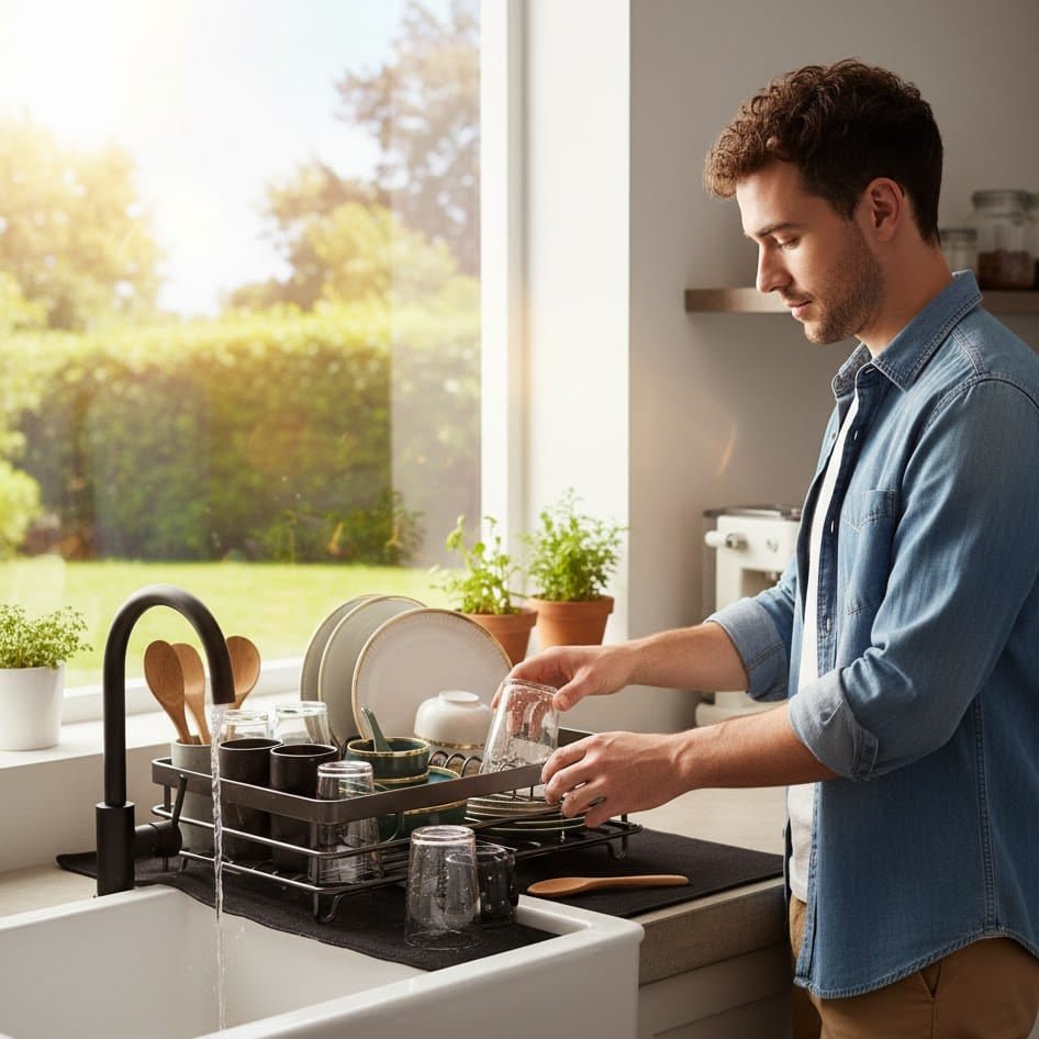 Two-tier folding stainless steel dish drying rack with plate holder