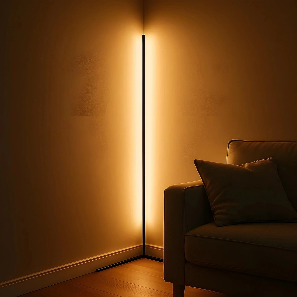 Slim dimmable LED floor lamp with vertical light bar and freestanding base
