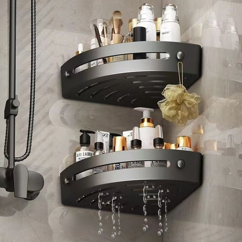 Two-tier corner shower caddy with wall-mounted shelves and side hooks