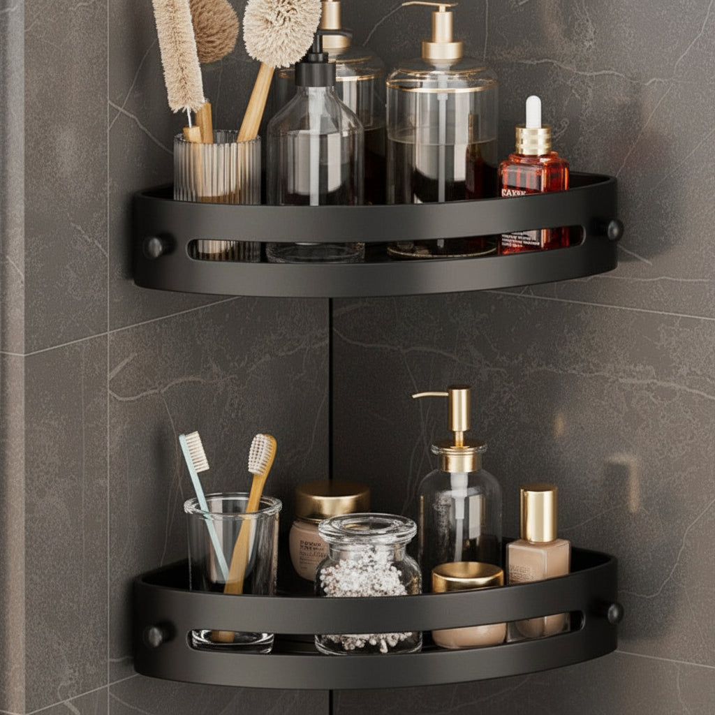 Two-tier corner shower caddy with wall-mounted shelves and side hooks