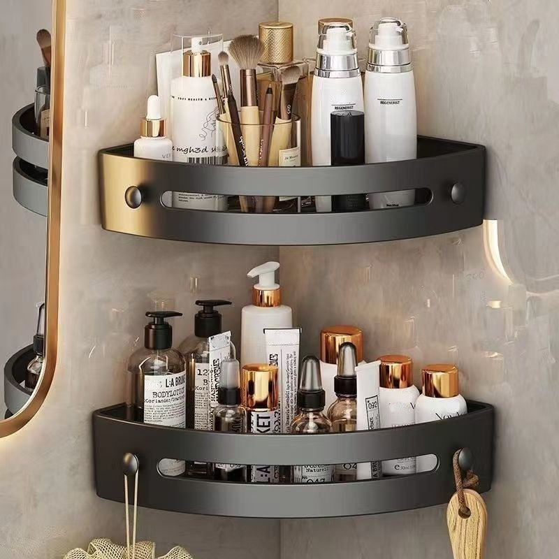 Two-tier corner shower caddy with wall-mounted shelves and side hooks