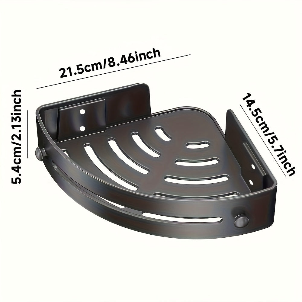 Two-tier corner shower caddy with wall-mounted shelves and side hooks