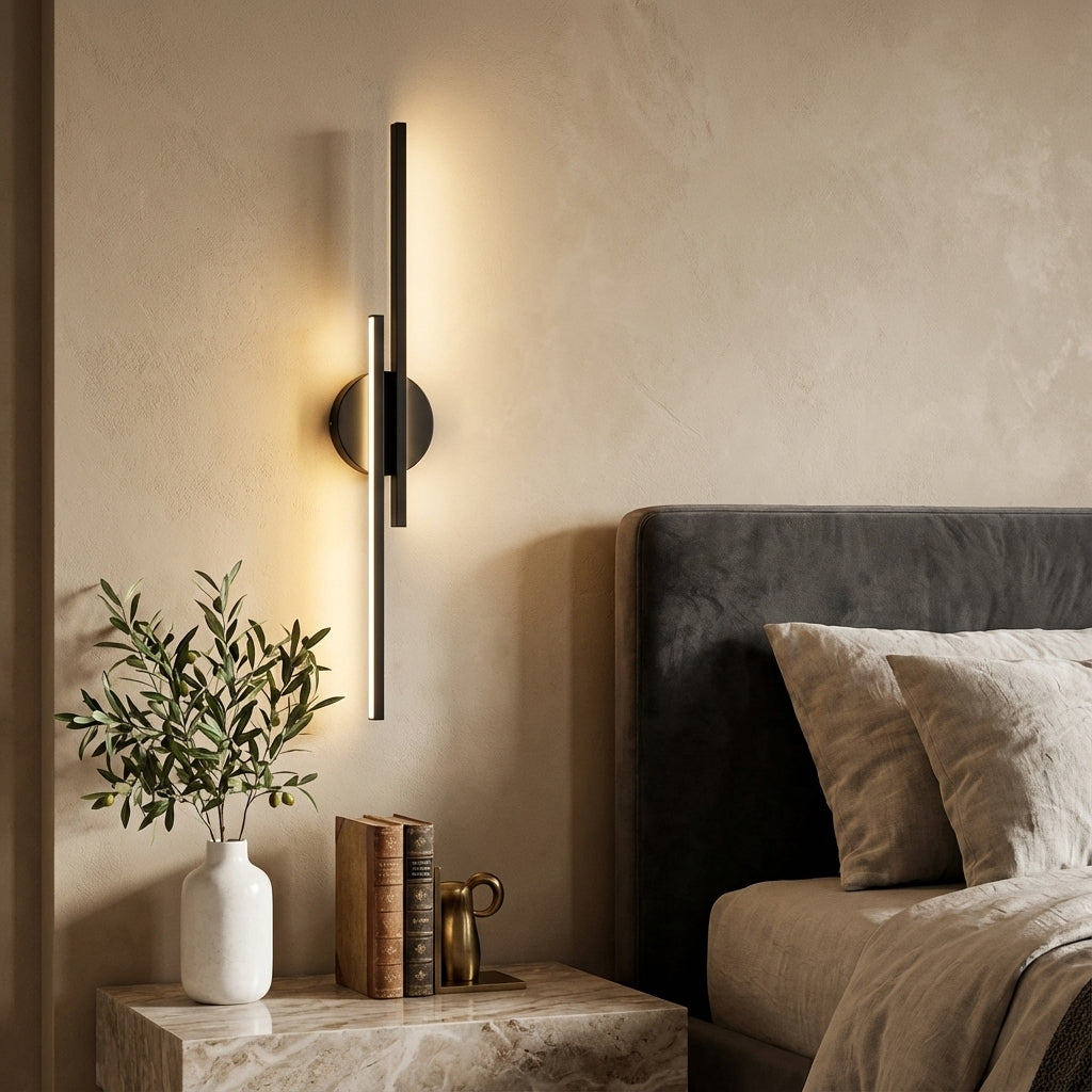 Linear metal wall sconce with round backplate