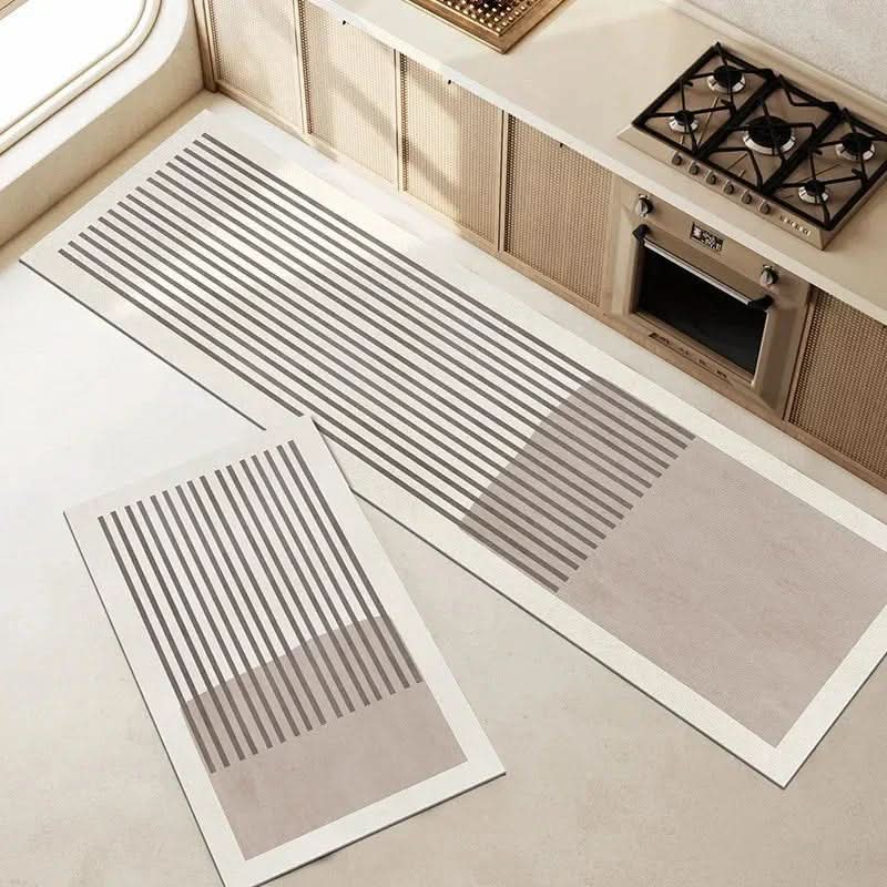 Beige kitchen floor mat with grey linear stripes