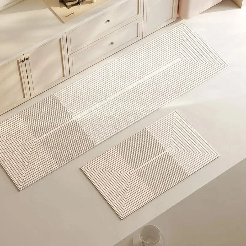 Beige kitchen floor mat with grey linear stripes