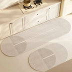 Beige kitchen floor mat with grey linear stripes