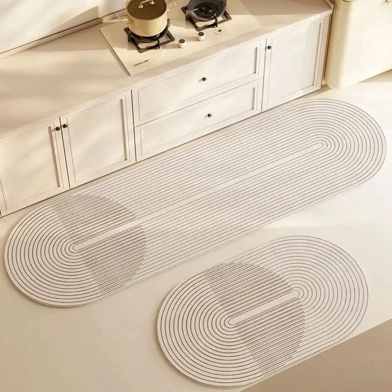 Beige kitchen floor mat with grey linear stripes