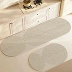 Beige kitchen floor mat with grey linear stripes