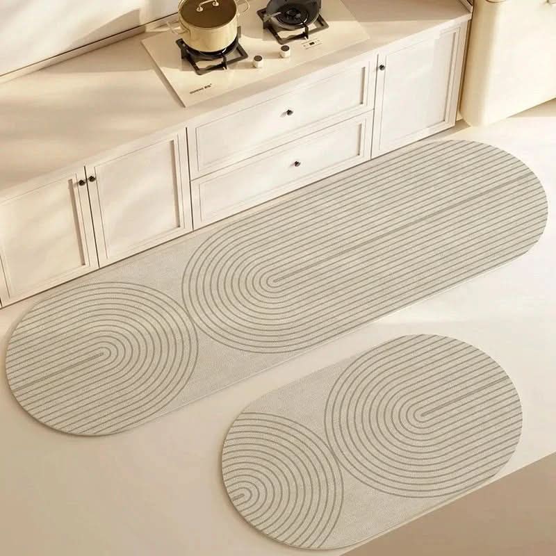 Beige kitchen floor mat with grey linear stripes
