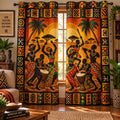 Quilted curtains with colourful African-inspired figures, drums and geometric borders